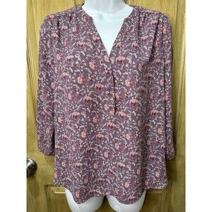 NYDJ Blouse XS Purple Floral Pintuck 3/4 Sleeve Peasant Top Vibrant